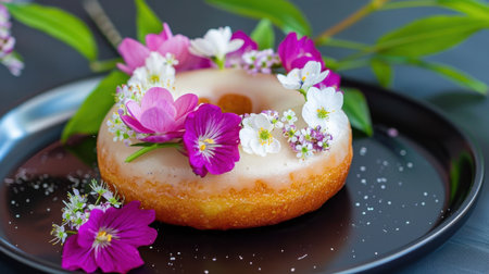A beautifully crafted donut adorned with an array of fresh flowers creates a stunning visual on a sleek black plate, perfect for spring celebrations.の素材