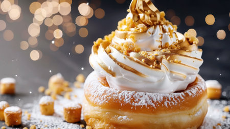 This delightful image showcases a fluffy donut adorned with luscious cream, a rich caramel drizzle, and sprinkled with crunchy toppings, perfect for sweet cravings.の素材