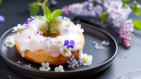 A beautifully styled donut topped with delicate flowers and icing, perfect for spring gatherings or as a charming dessert option at events.の素材
