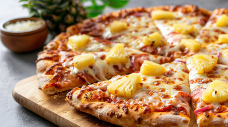 A mouthwatering Hawaiian pizza featuring cheese, pineapple, and ham, beautifully arranged on a wooden board against a sleek gray background. Perfect for sharing.の素材