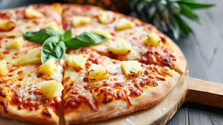 A mouthwatering Hawaiian pizza featuring juicy pineapple, fresh basil, and melted cheese. Perfect for any occasion, this dish captures culinary delight.の素材