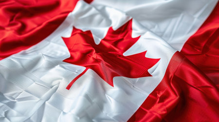 A close-up view of the Canadian flag featuring a prominent red maple leaf. The vibrant colors and intricate texture highlight national pride and cultural significance.の素材