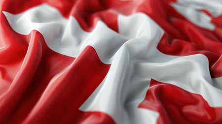 A detailed close-up view of a national flag in vibrant red and white colors, showcasing the unique textures and folds in the fabric, symbolizing pride.の素材