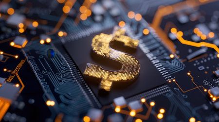 Close-up view of a glowing dollar symbol set on a circuit board, representing the fusion of technology and finance in the modern economy.の素材