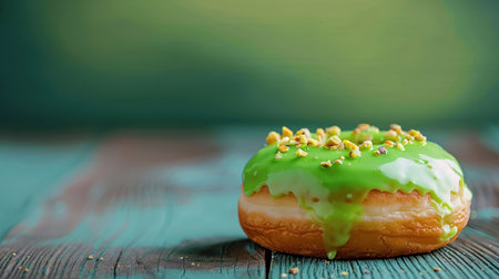 A vibrant green glazed donut sits on a rustic wooden surface, topped with crunchy nuts, perfect for indulging in sweet moments or festive gatherings.の素材