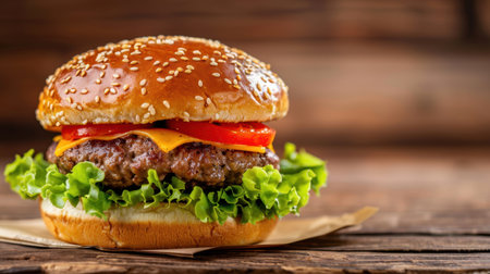 A gourmet cheeseburger made with a juicy beef patty, fresh lettuce, ripe tomato, and melted cheese served in a sesame seed bun, perfect for food lovers.の素材
