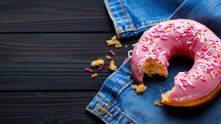 A delightful pink donut adorned with colorful sprinkles rests on a piece of denim fabric, showcasing a tempting bite taken out. Perfect for food lovers!の素材