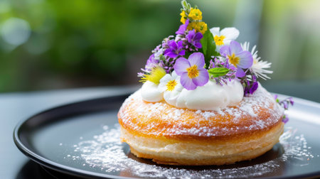 A stunning dessert showcasing a soft pastry topped with whipped cream and vibrant edible flowers, perfect for a special occasion or culinary delight.の素材