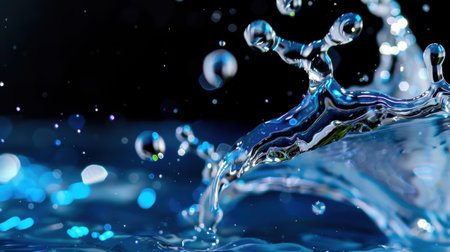 This striking close-up photo captures the moment of water splashing, showcasing fine droplets and vibrant blue hues that create an energetic atmosphere.の素材