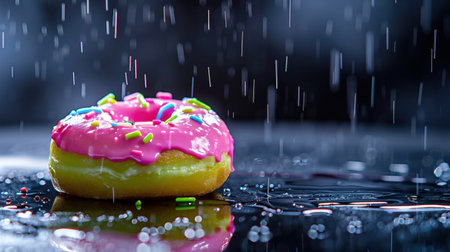 A vibrant donut featuring pink frosting and colorful sprinkles is beautifully captured in a rainy setting, conveying a playful and indulgent dessert experience.の素材
