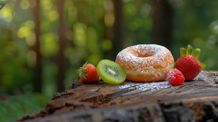 A tantalizing freshly baked donut sprinkled with powdered sugar rests on a rustic wooden surface. Surrounding fruits add color and vibrancy, showcasing a delightful dessert in a tranquil natural setting.の素材