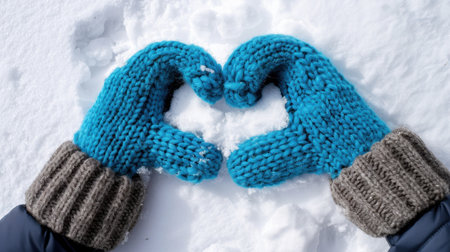 A pair of hands wearing cozy blue mittens forms a heart shape on a bed of fresh snow, symbolizing love and warmth in a winter landscape.の素材