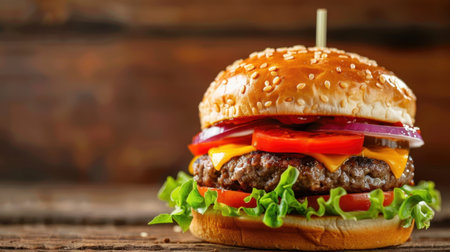 A mouthwatering burger featuring a juicy beef patty, fresh vegetables, and melted cheese, perfect for fast food lovers and culinary enthusiasts alike.の素材