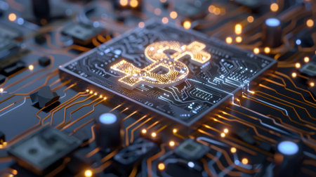 This image captures a digital currency concept featuring a glowing dollar sign on a circuit board, symbolizing the integration of finance and technology.の素材