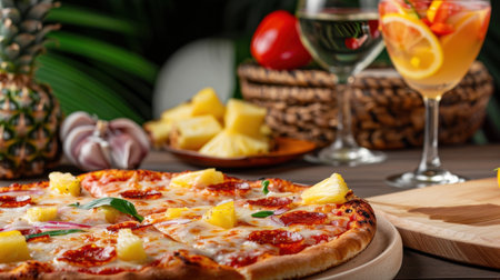 A stunning display of Hawaiian pizza topped with pineapple and pepperoni, accompanied by refreshing cocktails and vibrant greenery, perfect for food enthusiasts.の素材
