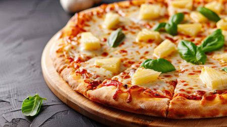 A close-up view of a delicious Hawaiian pizza featuring pineapple chunks and fresh basil leaves on a wooden plate, perfect for any meal or gathering.の素材