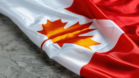 This image showcases a close-up of the Canadian flag, featuring iconic red and white colors with a prominent maple leaf, set against a textured background.の素材