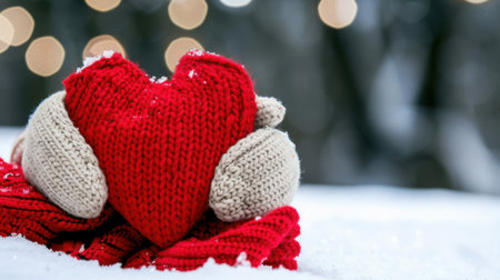 A serene winter scene capturing a cozy knitted heart held gently by warm hands amidst soft snowflakes and twinkling bokeh lights, conveying love.の素材