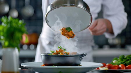 A chef elegantly serves a steaming bowl of flavorful stew in a modern kitchen, showcasing culinary skills and fresh ingredients in an artistic presentation.の素材