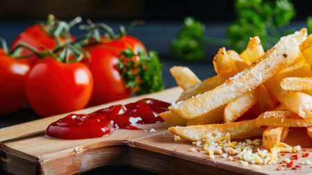 A mouth-watering depiction of crispy french fries served with ketchup on a wooden board, accompanied by bright cherry tomatoes, showcasing delightful food presentation.の素材
