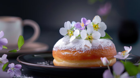 A beautifully arranged donut dusted with powdered sugar and adorned with fresh flowers, creating a delightful culinary experience perfect for any occasion.の素材