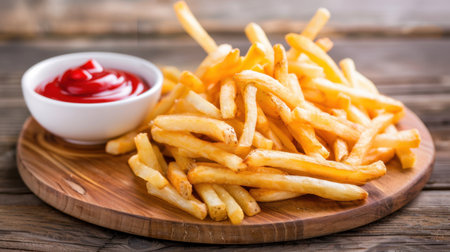 A tempting stack of golden crispy French fries served on a wooden plate, accompanied by a bowl of vibrant ketchup, perfect for any meal or snack time.の素材