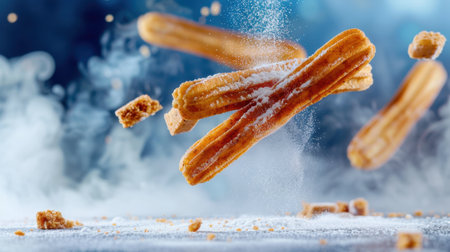 A captivating image of delicious churros suspended in mid-air, coated with powdered sugar and surrounded by crumbs, creating a playful and enticing visual.の素材