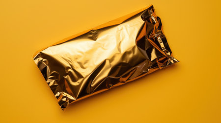 A striking metallic gold foil wrapper rests on a vibrant yellow background, perfect for showcasing food products or enhancing visual presentations in design.の素材