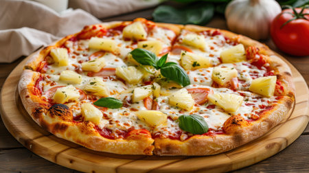 Savor a freshly baked Hawaiian pizza topped with pineapple, ham, mozzarella, and basil. Perfect for gatherings, this colorful dish brings comfort and flavor.の素材