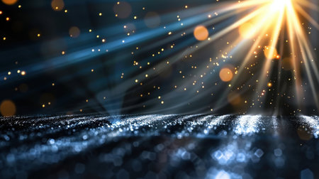 A captivating abstract image showcasing radiant light rays piercing through a dark backdrop, filled with shimmering dust particles and beautiful bokeh effects.の素材