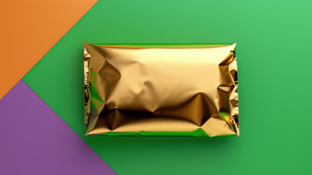 This image features a shiny golden wrapped package situated on a vibrant geometric background of green, purple, and orange, perfect for artistic projects.の素材