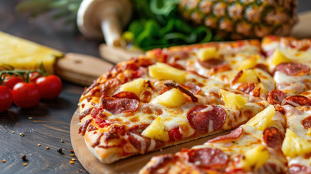 A mouthwatering slice of pizza featuring juicy pineapple and savory salami, garnished with fresh herbs on a rustic wooden board, perfect for gatherings.の素材