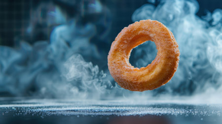 A delectable sugar-coated donut floats in the air against a smoky background, offering an enticing visual treat for food enthusiasts and photographers.の素材
