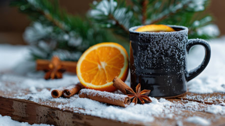 A cozy winter scene showcasing a warm beverage in a black mug, surrounded by cinnamon sticks, an orange slice, and a snowy backdrop, evoking comfort.の素材