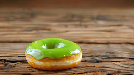 Delight in a beautifully crafted donut adorned with a vibrant green icing, set against a rustic wooden surface, adding charm to any food scene.の素材