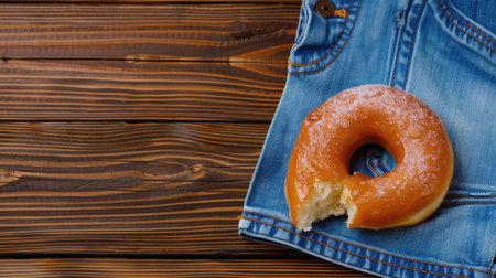 A delectable glazed donut sits invitingly on a pair of blue denim jeans against a rustic wooden surface, perfect for capturing casual moments of indulgence.の素材