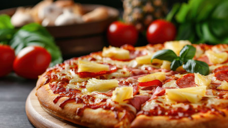 Enjoy a mouthwatering pizza topped with pineapple, ham, and gooey cheese, garnished with fresh basil. Perfect for gatherings or cozy nights in.の素材