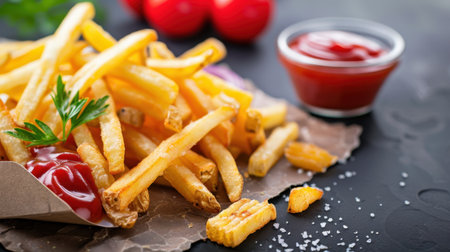 A visually appealing close-up of crispy golden french fries served with ketchup, garnished with parsley. Perfect for food lovers and culinary presentations.の素材