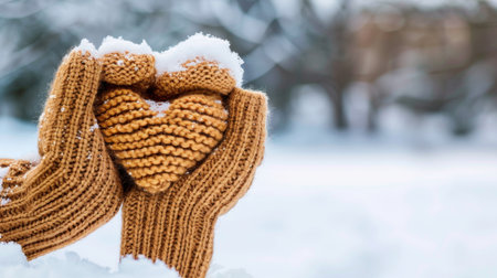 A pair of hands in cozy knitted mittens form a heart shape against a snowy backdrop, symbolizing warmth, love, and connection in winter.の素材