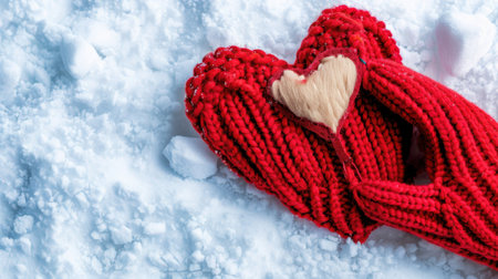 A pair of bright red mittens gently hold a small wooden heart against a snowy backdrop, symbolizing warmth and love in winter. Perfect for seasonal themes.の素材