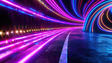 A mesmerizing scene featuring vibrant neon light trails creating a sense of motion and energy within a dark tunnel. The colorful lights enhance the atmosphere, giving a futuristic touch. Perfect for projects requiring dynamic visuals.の素材