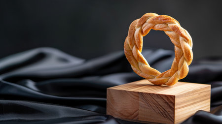 A beautifully braided bread ring presented on a smooth wooden stand against a dark backdrop. Perfect for showcasing delicious baked goods in culinary visuals.の素材