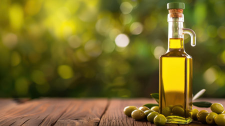 A stylish olive oil bottle stands on a rustic wooden table surrounded by fresh olives, illuminated by soft natural light, perfect for food displays.の素材