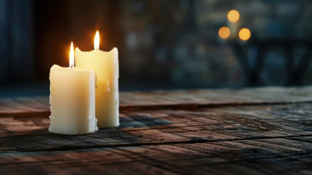This image features two white candles with flickering flames positioned on a weathered wooden table, creating a warm and inviting atmosphere perfect for relaxation or romantic evenings.の素材