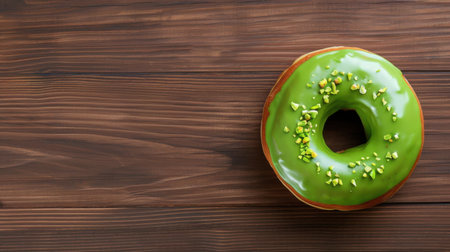 A delightful green glazed donut topped with chopped nuts, perfectly placed on a rustic wooden surface, ideal for food photography or dessert themes.の素材