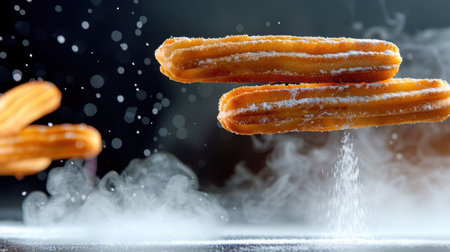 A stunning image of churros dusted with powdered sugar, suspended in mid-air against a dark background with a soft steam effect, perfect for food enthusiasts.の素材