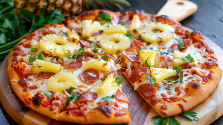 A tempting Hawaiian pizza featuring pepperoni and pineapple toppings, beautifully presented on a wooden cutting board. Perfect for meal ideas.の素材