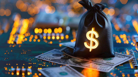 A black money bag with a glowing dollar sign is placed on a vibrant circuit board, symbolizing the fusion of finance and technology in modern investment strategies.の素材