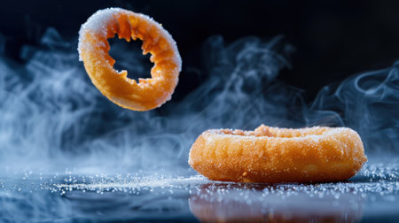 A striking scene of two delicious donuts, one floating above the other, lightly dusted with sugar. The vapor and soft backdrop enhance the allure.の素材
