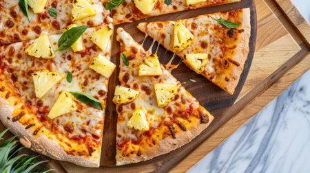 A beautifully styled Hawaiian pizza featuring juicy pineapple chunks and fresh basil leaves, captured on a wooden board. Perfect for food lovers.の素材